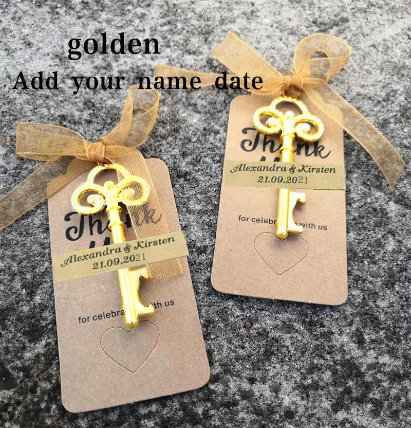 Hochzeitsgeschenke für Gäste Souvenirs Partygeschenke Kupferfarbener Skelettschlüssel Flaschenöffner mit personalisiertem Namensaufkleber – Detail 4
