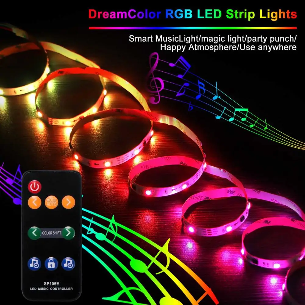SP106E 9keys Music control LED Strip set Music Sync Dream Color WS2811 RGB SMD5050 Strip Lighting with Remote Power Adapter kit