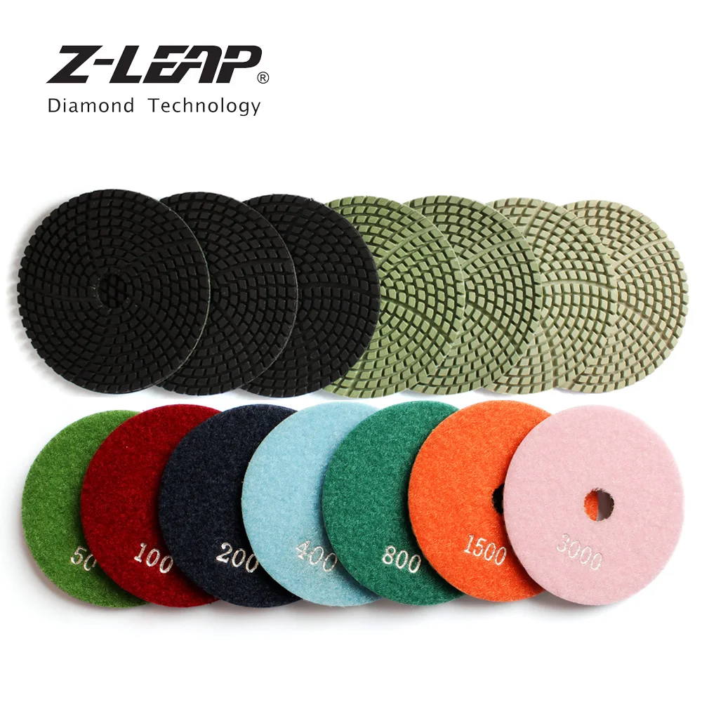 

Z-LEAP 4" 7pcs Diamond Polishing Pads 100mm Black Granite Quartz Artificial Stone Sanding Disc Wet Spiral Turbo Grinding Wheel