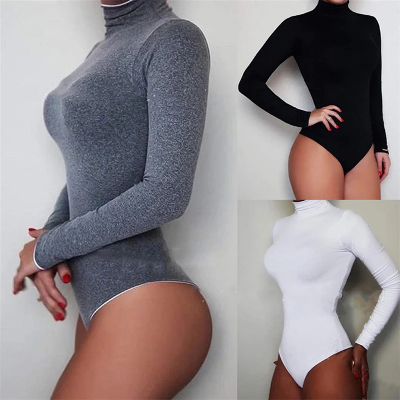 Body Sexy de cuello alto para mujer, Tops de manga larga, elegante, ajustado, negro y blanco, Otoño e Invierno