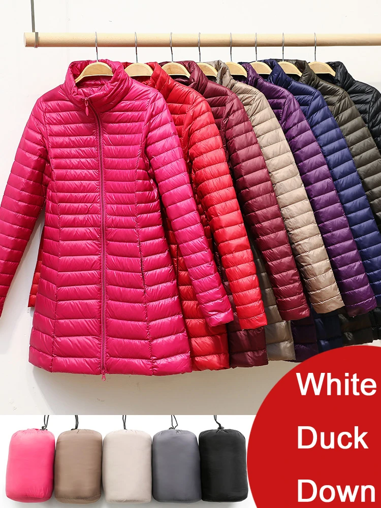 0-10 ℃ Enten Daunen jacke Frauen stehen Kragen lange geschwollene Wintermantel weibliche warme geste ppte Parkas ultraleichte tragbare Daunen mantel 4xl