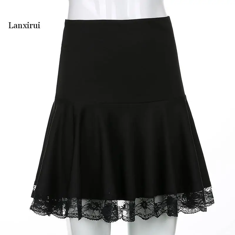 Lace Edge Patched High-Waisted Short Black Pleated Skirt Woman Girl Aesthetic Vintage Mini Skirts Saias Female