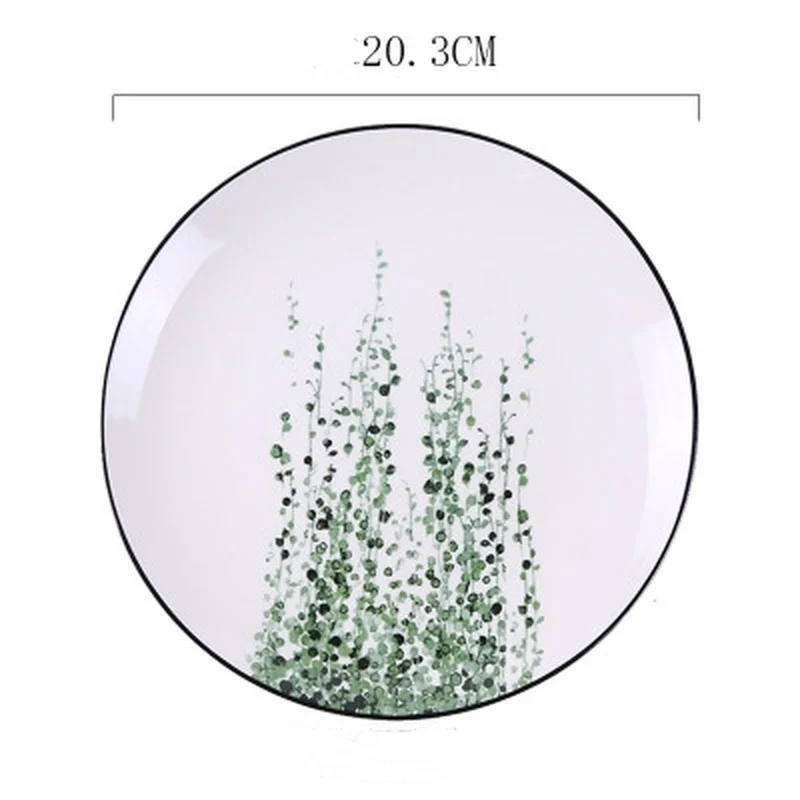 Ceramic 8 Inch Plate Plant Large Round Green Black Line Hotel Porcelain Western Salad Dish Home Kitchen Supplies Tableware