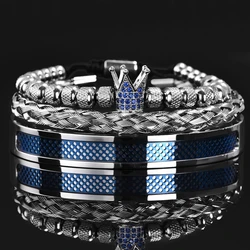 Luxury Set Handmade Men Crown Bracelets Contrast Colour Bangles Hemp Rope Buckle Open Stainless Steel Micro Pave CZ Jewelry