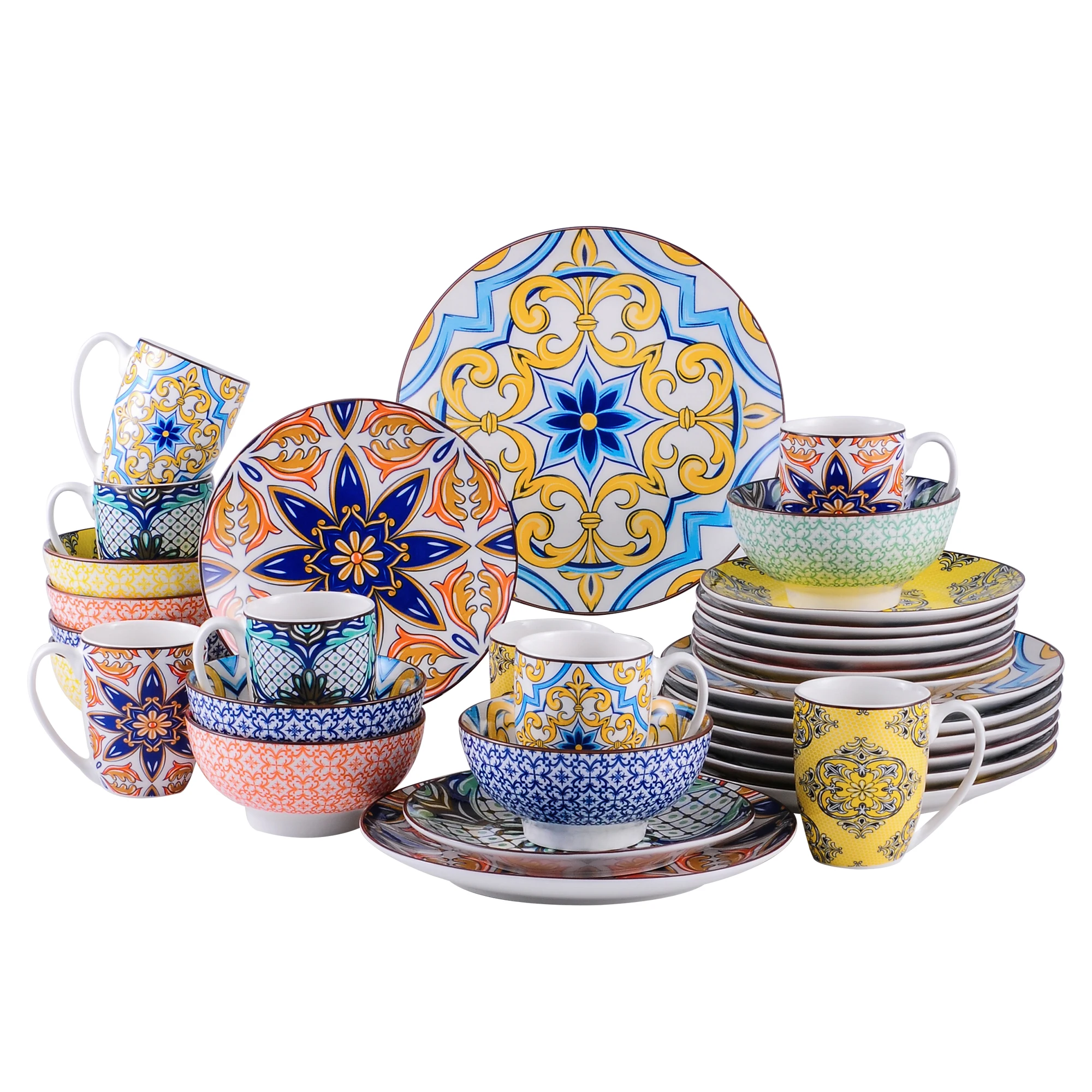 Vancasso 16/32/48 Stuk Jasmin Patroon Porselein Servies Servies Diner Set Met Diner Plaat, Dessertbord, kom, Mok Set