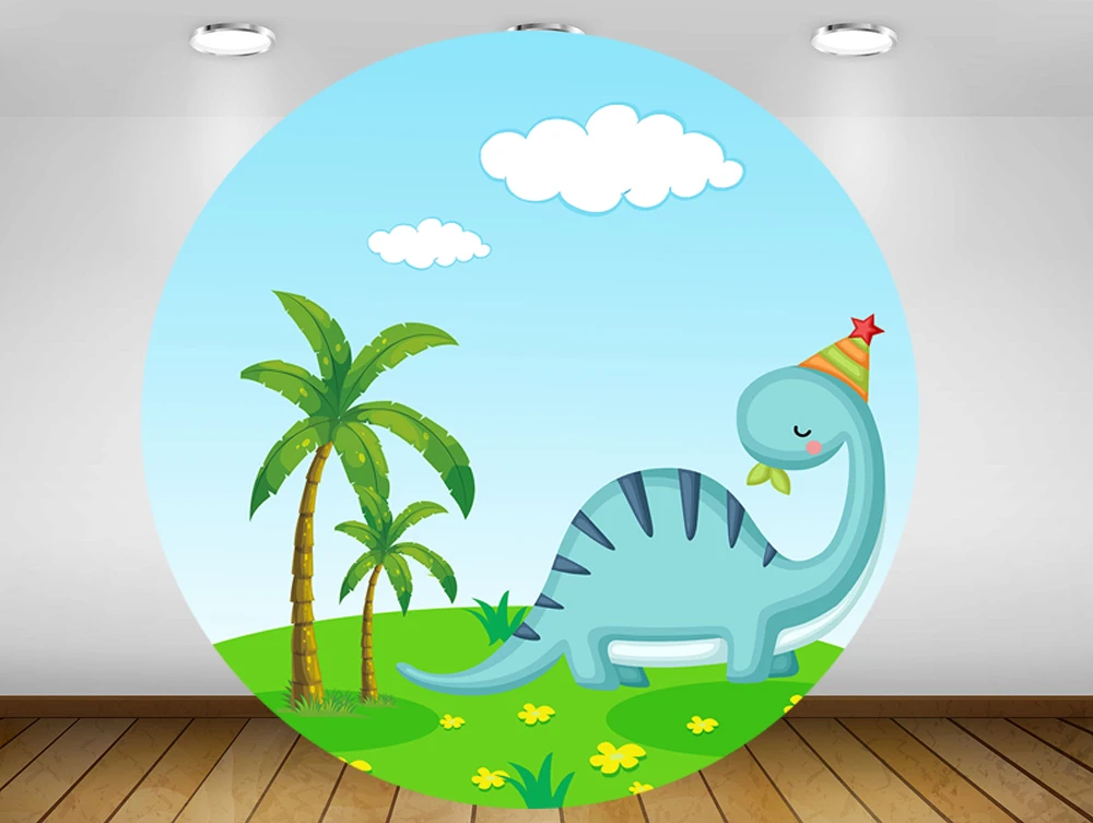 

Round circle background Cute dinosaur backdrop baby shower kids birthday party decor candy table banner fabric YY-275