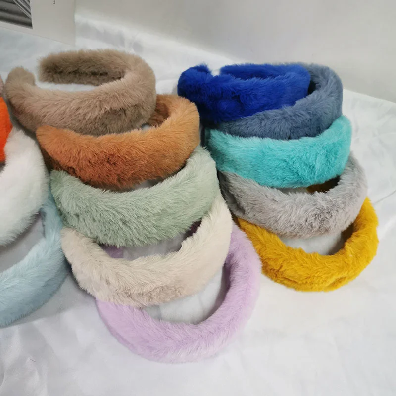 New Warm Faux Fur Headband Winter Plain Color Simple Fashion Cute Girls Plush Furry Hairbands for Women Hair Accessories