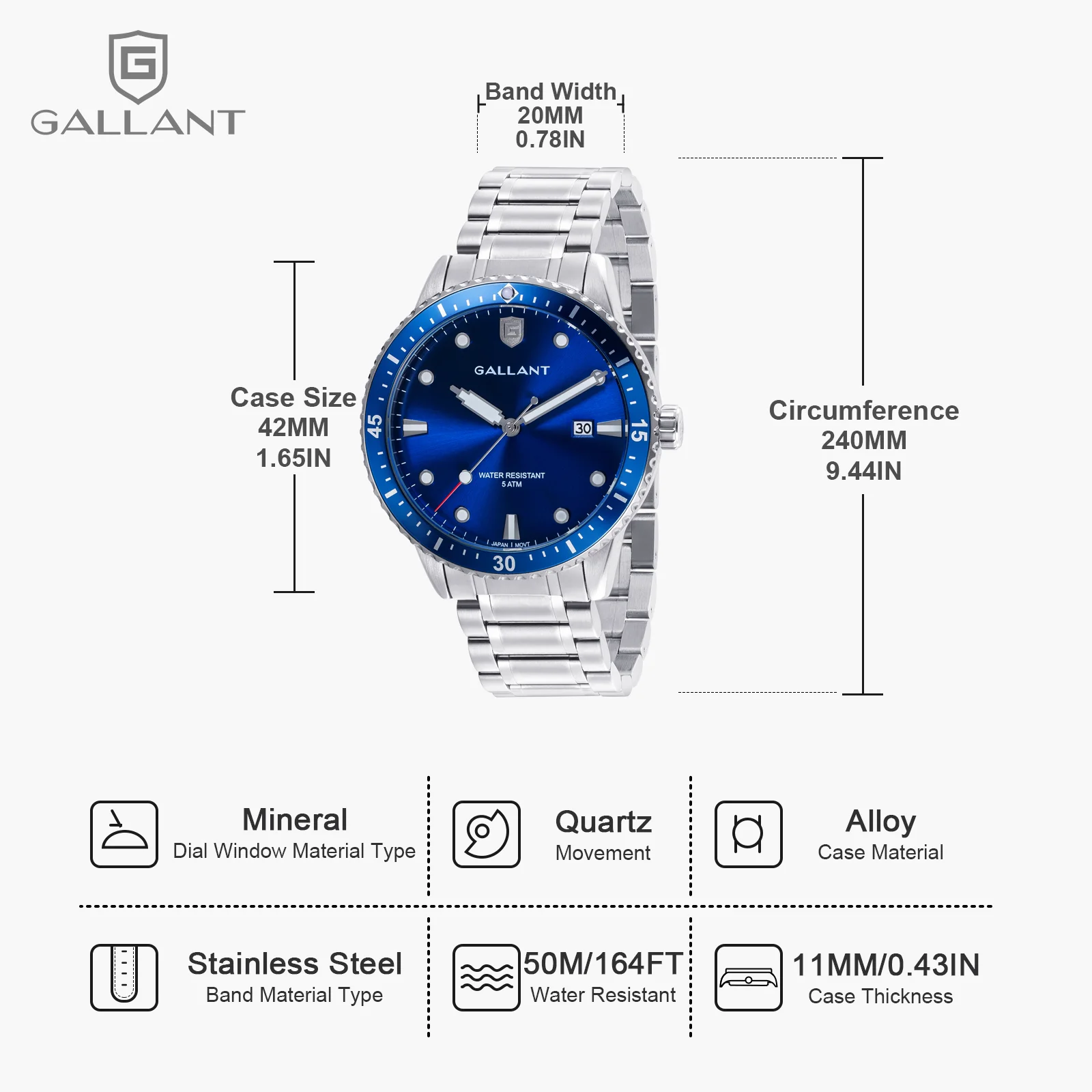 GALLANT Mens Watch Luxury Quartz Watches Stainless Steel Watch for Men Date Calendar 5ATM Waterproof Watch Business Gift Silver