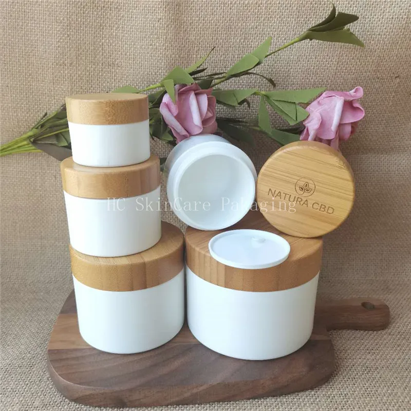 Empty body Butter Container10/30/50/100/250g White PP Plastic Bamboo Cap Cream Jar OEM Print Logo on Bamboo Cosmetic Packaging