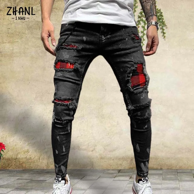 Blue Skinny Men\'s Jeans Plaid Patchwork Joggers Pants Fashion Paint Painting Streetwear Slim Gray Hip Hop Casual Trousers Male