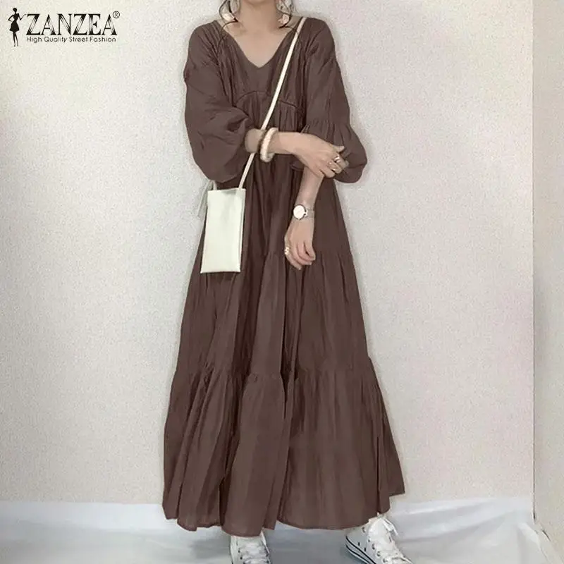 Vintage Ruffle Dress Women\'s Spring Sundress ZANZEA 2023 Casual Puff Sleeve Maxi Vestidos Female V Neck Robe Femme