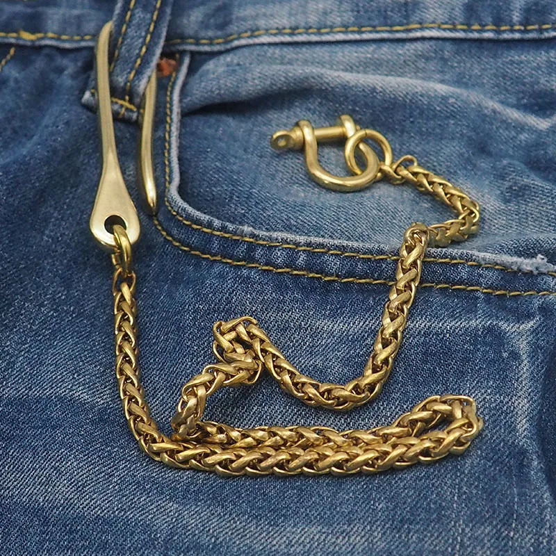 Brass Long Chain Men Pants Belt Waisting Hangings Keychains Vintage Copper Skull Buckles Rings Trousers Chains Dragon Head Hooks