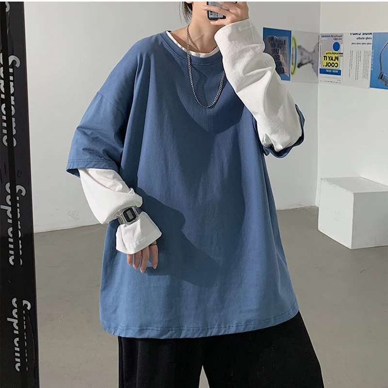 Fashion Trend Fake Two Men Clothing Spring Autumn Long Sleeve Student Teens Tshirts Harajuku White Black Gray Blue Oversize Tops