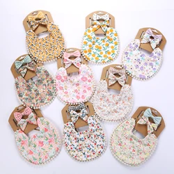 Baberos y Diadema con estampado Floral para bebé, niño y niña, toalla de Saliva de cena con borla, Baberos de alimentación de doble cara Vintage, accesorios para el cabello para niños