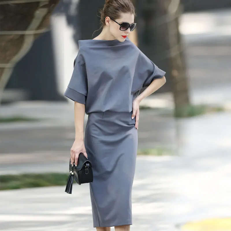 Slim fit bat sleeve wrap dress, Batwing short Sleeves Sheath Slash neck Knee-Length dressesnew spring 2024