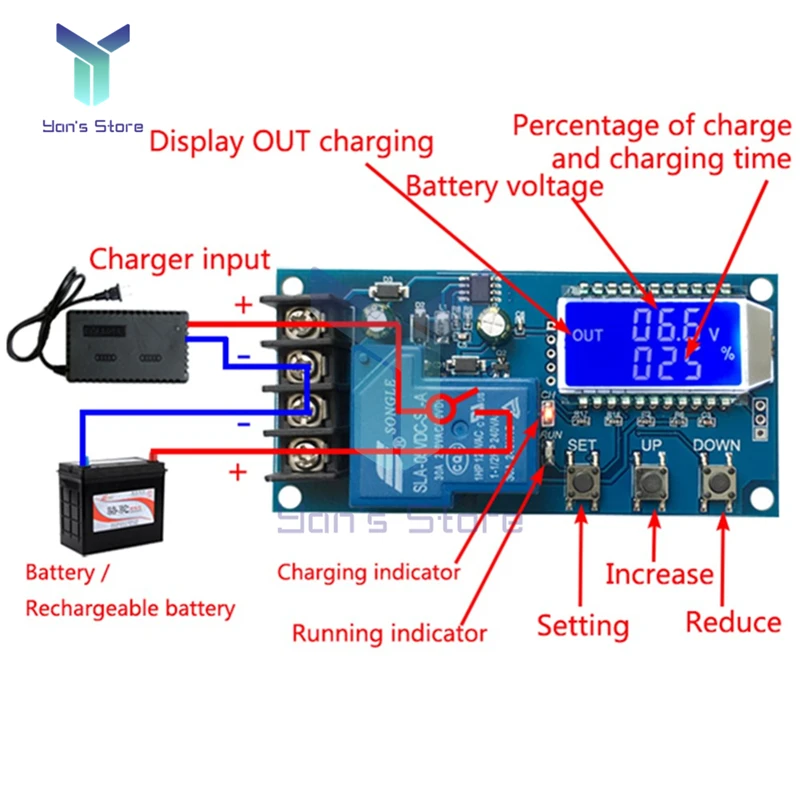 Modulo di controllo del caricabatteria al litio al piombo 20A 30A 12V 24V 6-60V modulo di protezione da sovraccarico di ricarica automatica digitale