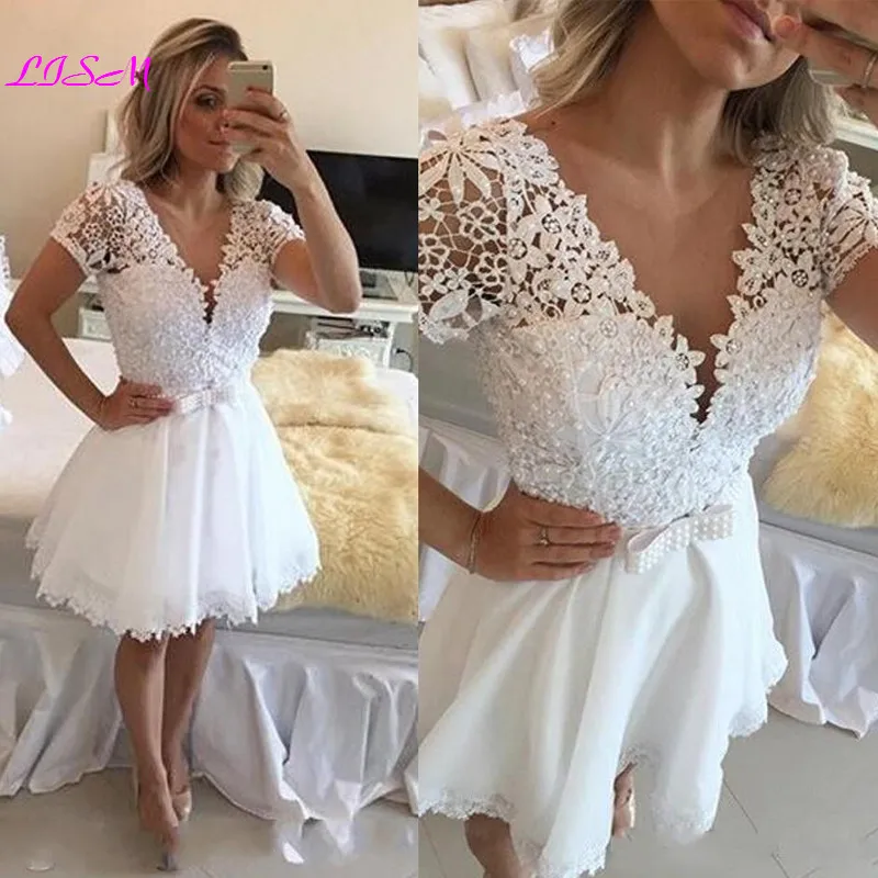 

White Lace Pearls Short Homecoming Dress V-Neck Prom Party Gowns Plus Size Girls Graduation Dresses 2020 vestido de formatura