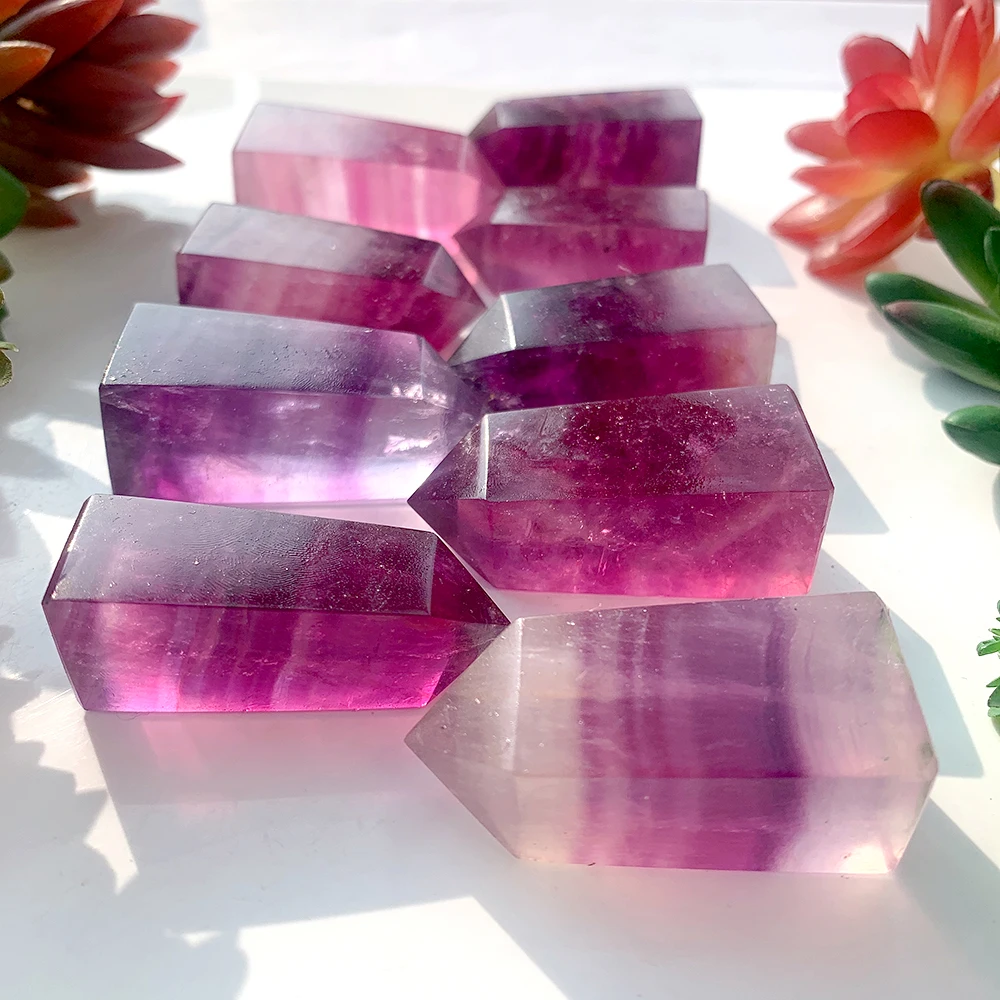 Natural Crystal Pink Purple fluorite Point Colorful Fluorite Hexagonal Prism Colored Quartz Tower Decorate