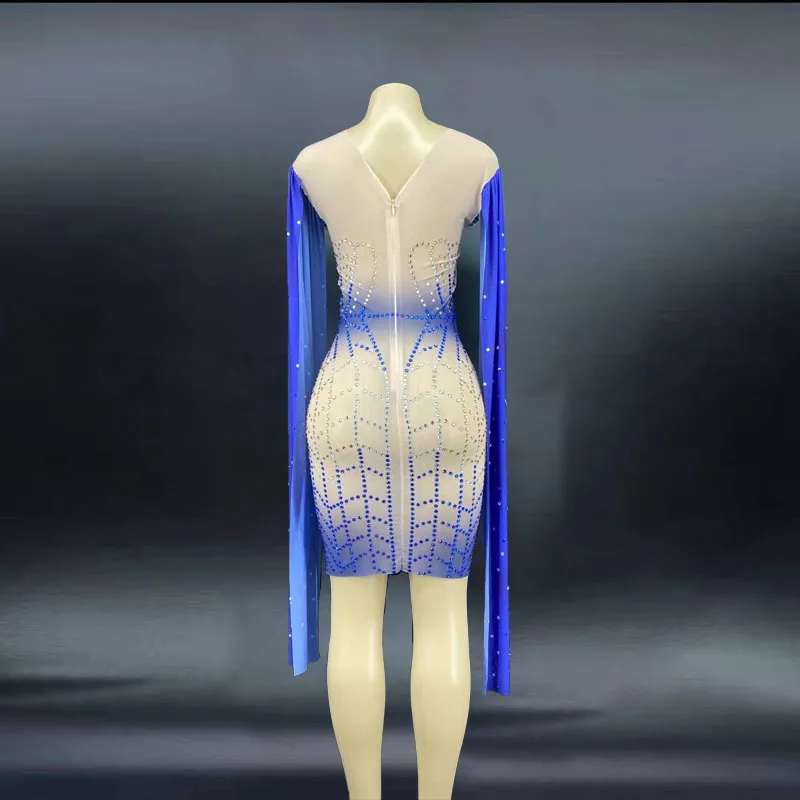 Fashion Blue Long Sleeves Perspective Mesh Dress Women Celebrate See Through Dress Sexy Skinny Costume Dance Short Dress