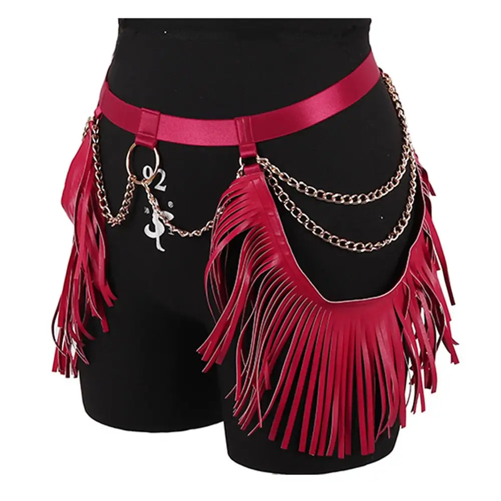 Tassel Skirt Garter Body Harness Gothic Chain Ring Waist Cage Red Strappy Elastic Plus Size Sexy SuspenderParty Rave Thigh Belts