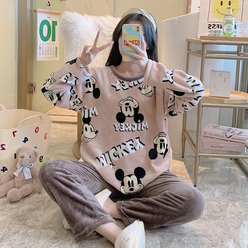 Pajamas Women Mickey Donald Duck Cute Thickened Flannel Winter Cartoon Long-Sleeved Home Service Suit