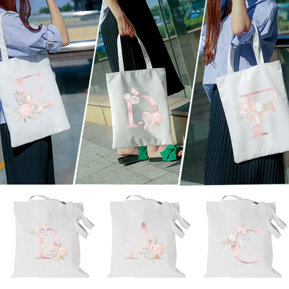 

Women Shopping Bag Pink Flower Letter Series Handbag Foldable Reusable Cloth Shopper Harajuku Style Bag Student Canvas Tote Bag