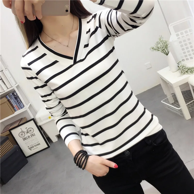 Long Sleeve Fashion Black And White Striped Women T Shirts 2023 New Spring Casual Tops Pullover T-shirt O-neck Korean Shirt