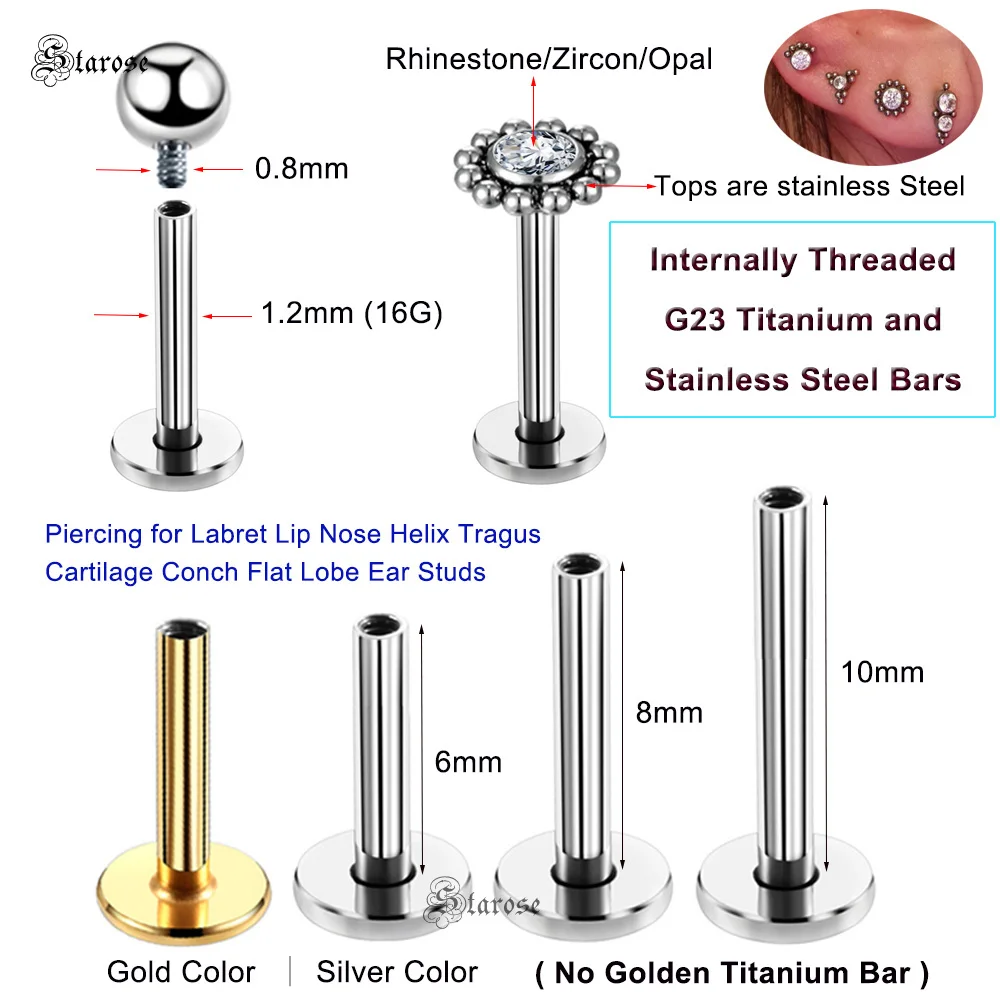 Starose 1Pc 1.2mm G23 Titanium & Steel Bar Helix Tragus Piercing Conch Earrings Ear Piercing Jewelry Labret Lip Nose Rings Studs