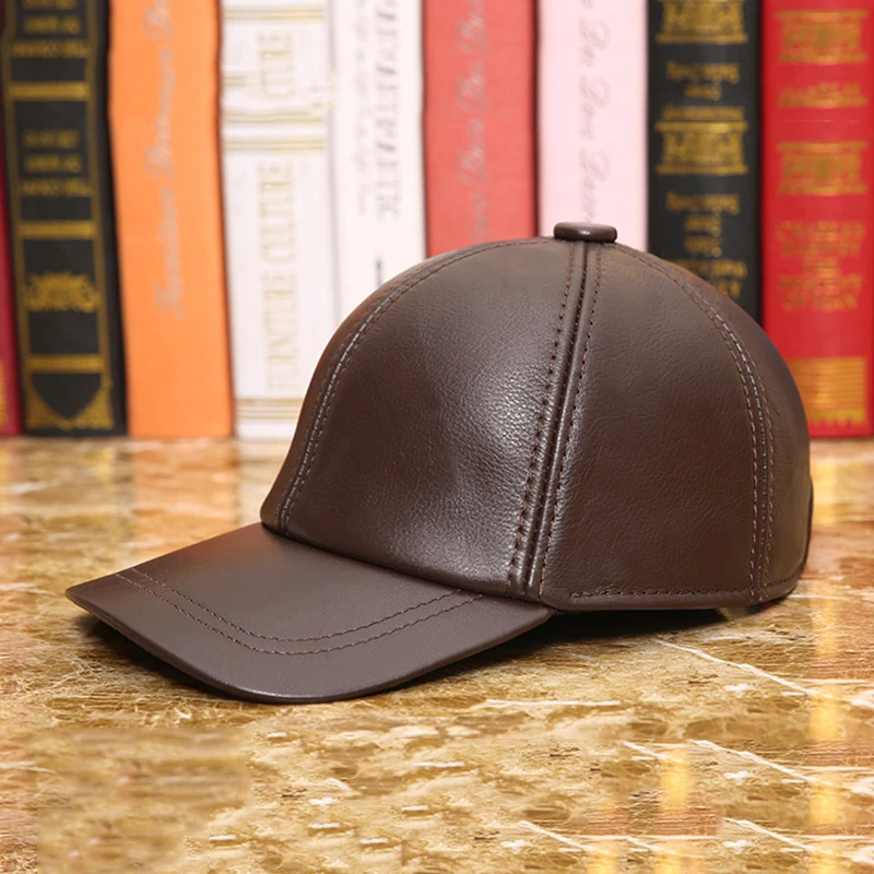 Men Women Real Cowhide Leather Earlap Caps Male Female Fall Winter 100% Real Cow Leather Hats New Casual Outdoor Baseball Cap