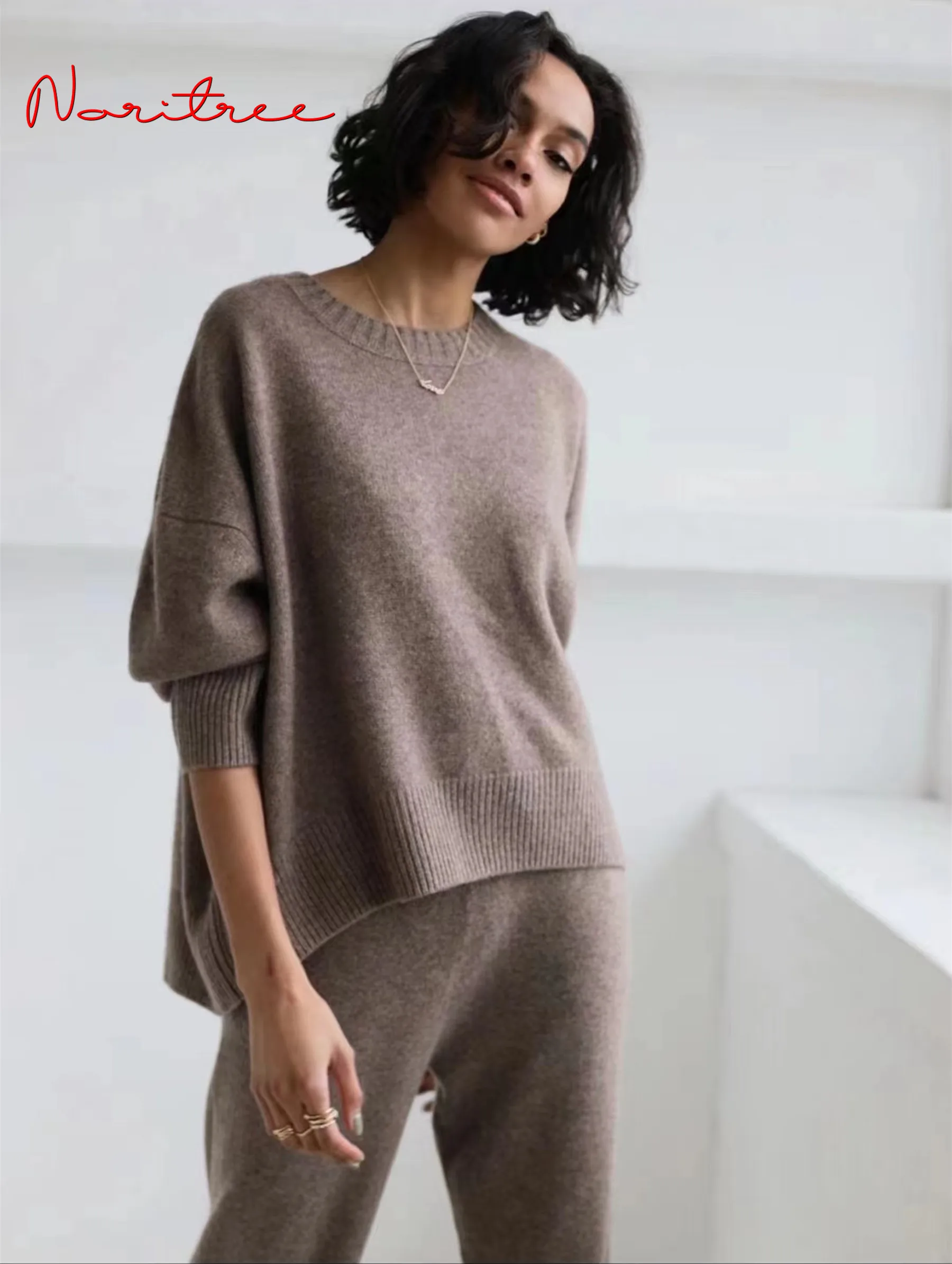 Luxury Asymmetry Two Pieces 45% Cashmere + 30% Wool Suits Female Warm Mink Cashmere Knit Tops +  Wide Leg Wool Pant Sets wy548