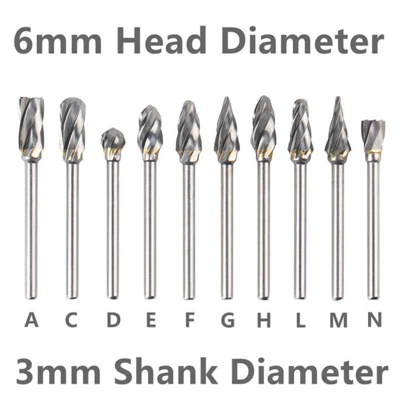 HEDA 10PCS/set 3mm shank 6mm coarse tooth carbide rotary file drill for grinding wood aluminum milling cutters
