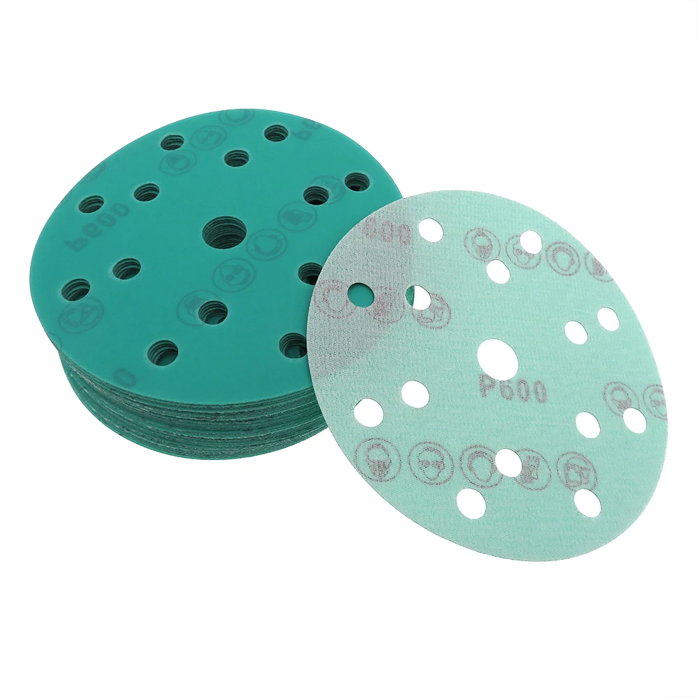 100pcs 6Inch 15 Holes 60-2000 Grits Hook and Loop  PET film  Green Sanding Discs 150mm  sanding discs