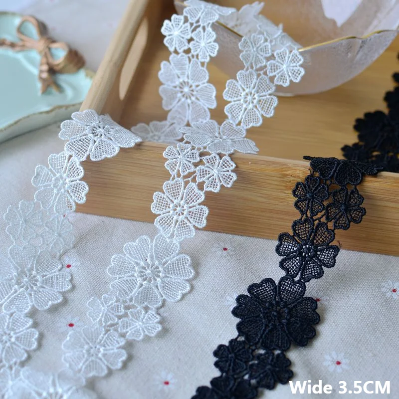 3.5CM Wide Luxury White Black 3D Flowers Guipure Lace Fabric Embroidery Fringe Ribbon DIY Dress Collar Trimmings Sewing Supplies