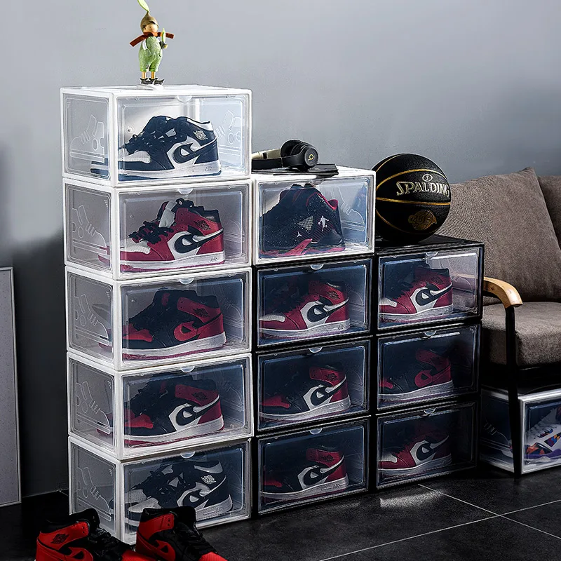 2pcs AJ Sneakers Box Hardened plastic shoe box Stackable Cabinet Storage Box high-top Dustproof AJ shoes organizers Shoe Rack