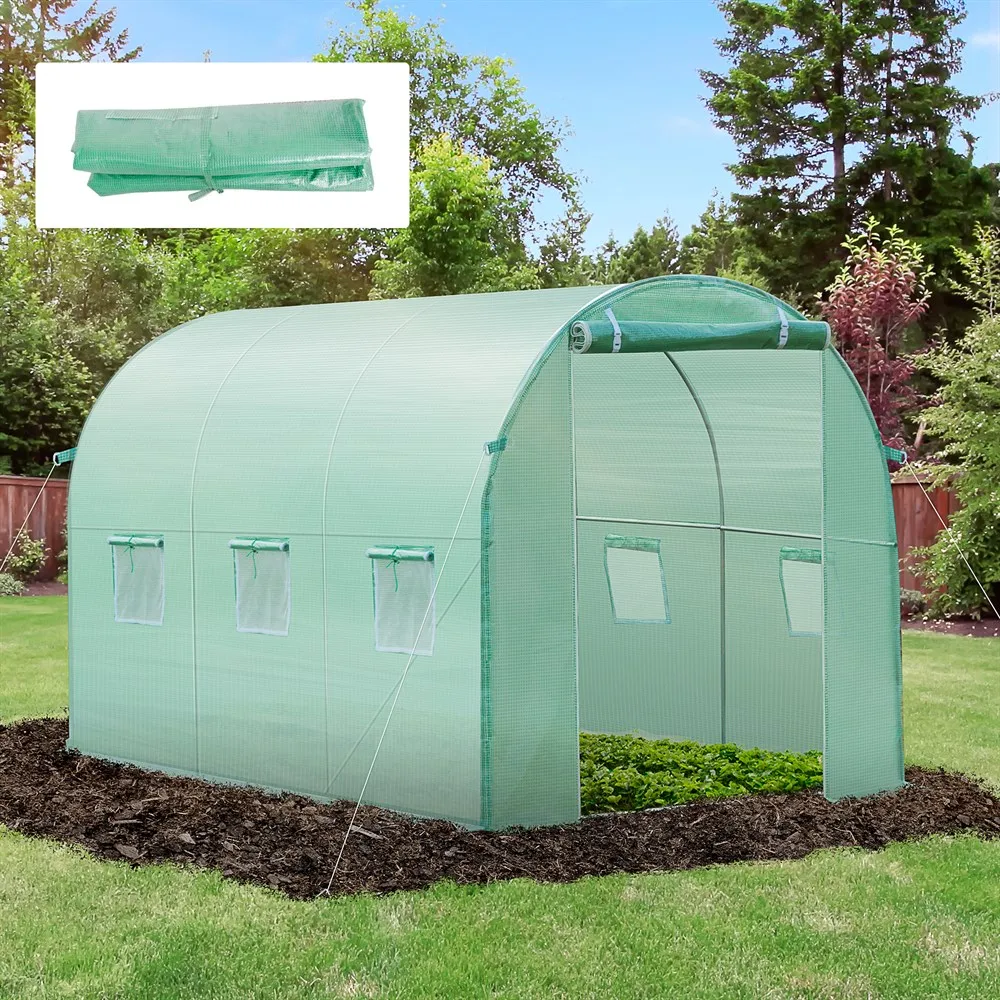 Outsunny greenhouse cover 300x200x200cm tunnel greenhouse tent with 6 windows and door for garden anti-UV PE Green