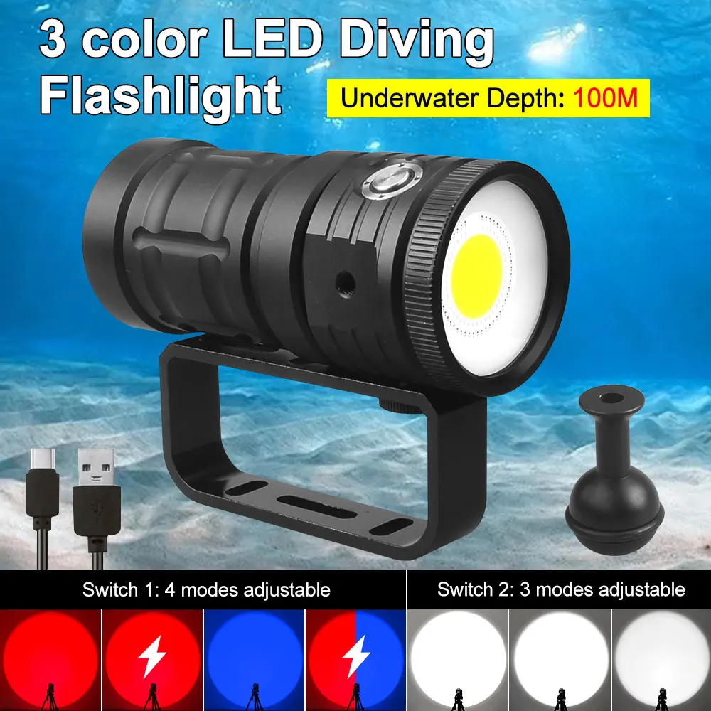 poderoso mergulho lanterna cob led ipx8 100m mergulhador subaquatico luz branco azul vermelho brilho camera de video preenchimento tocha 20000lm 01