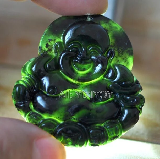 2pcs Wholesales Natural Black Green Stone Yu Carved Chinese Handmade Coin Buddha Lucky Amulet Pendant + Rope Necklace Jewelry