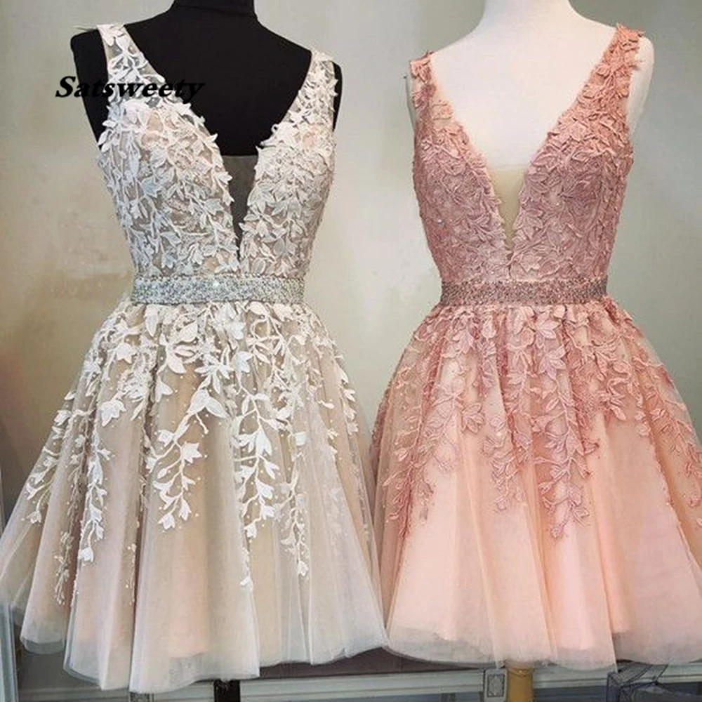 Vestidos De Cóctel Ngắn Homecoming Áo V Một Đường Ren Appliques Đầm Vestido Curto Tinh Thể Tiệc Cocktail Áo Hở Lưng