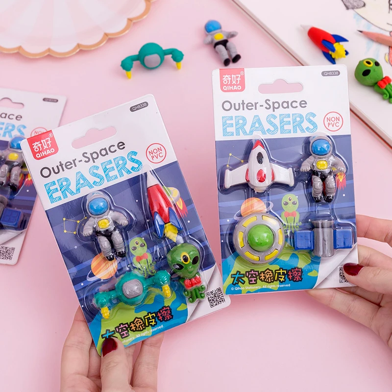 4pcs Outer Space Eraser Set Non-PVC Mini Rocket Astronaut Alien Rubber Erasers for Pencil Kids Gift School Student A6389