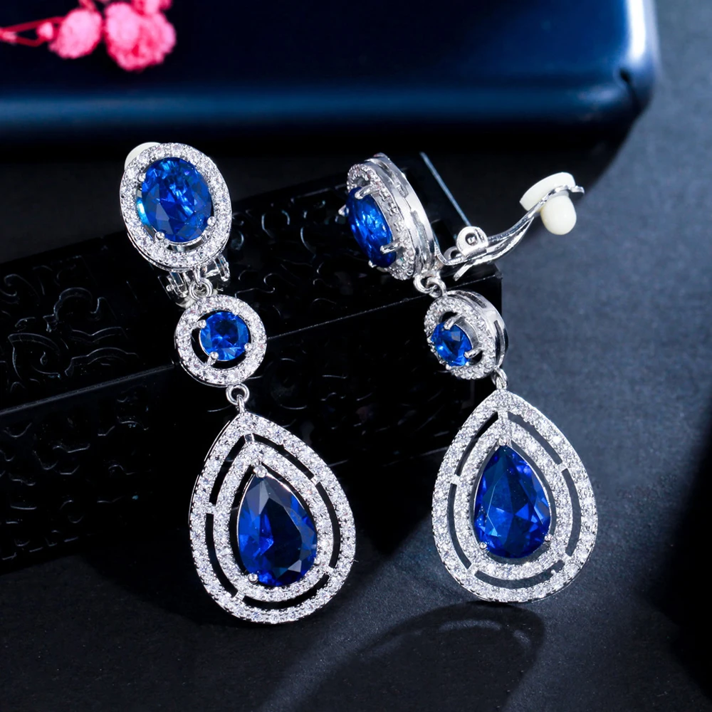 BeaQueen Dark Blue Cubic Zirconia Long Water Drop Statement Clip On Earrings without Piercing for Women Ear Clips Jewelry E286