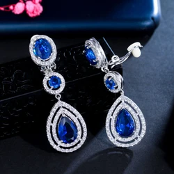 BeaQueen Dark Blue Cubic Zirconia Long Water Drop Statement Clip On Earrings without Piercing for Women Ear Clips Jewelry E286