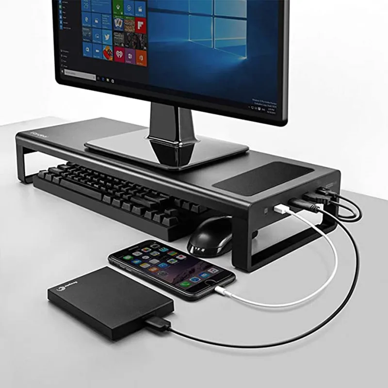 4 Port USB3.0 Wireless Charging Aluminum Monitor Stand Riser Support Transfer Data And Charging Keyboard and Mouse Storage Desk