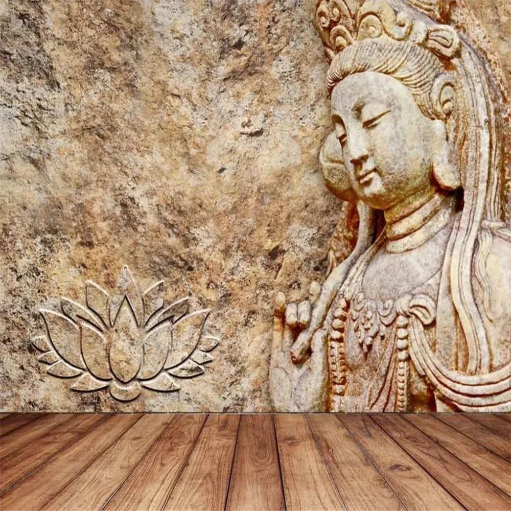 Milofi custom 3D wallpaper mural stone carving Buddha statue Guanyin Bodhisattva background wall for living room bedroom decorat