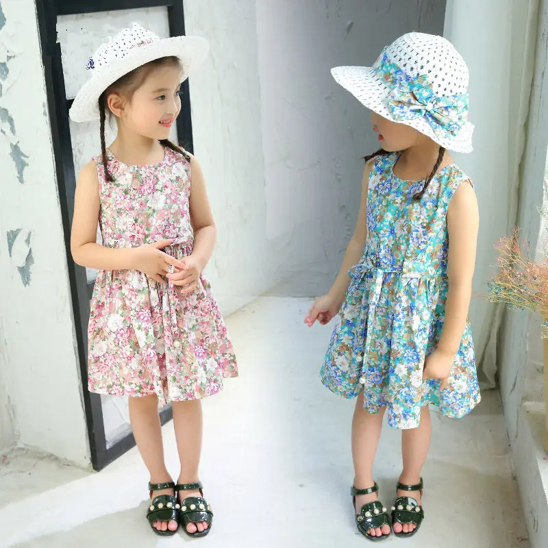 2PCS/Set Girls Dress +Hat Cotton Comfortable Children\'s Dress 2024 Summer Dress Floral Girls\' Sleeveless Dress For Children