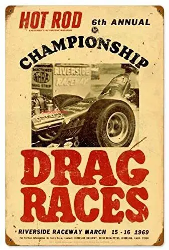 Tin Sign Wall Decor Retro Hot Rod Magazine Championship Drag Races 12 x 16 Inch Man Cave Indoor Pub Shop Home Coffee Bar