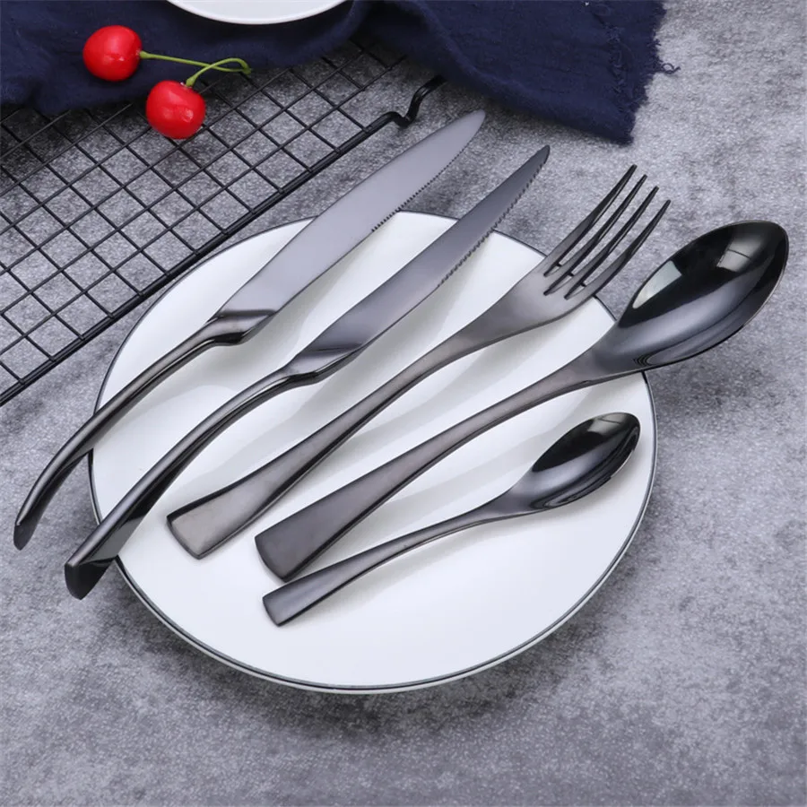 Black Noble Stainless Steel Tableware, Table Knife, Fork, Spoon, Hotel, Restaurant, Banquet, Home, Fish Tail Shape, Steak Cutler