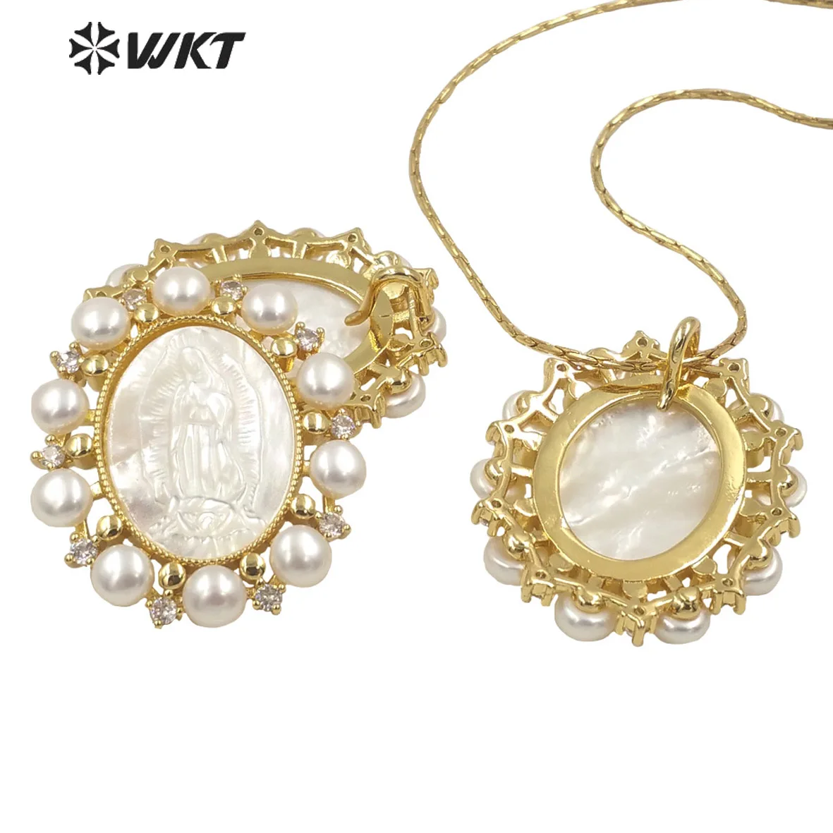 

WT-JP275 Gorgeous Women Mother of pearl cubic zircon Religious pendant UK Design tiny pearl charm Virgin Mary Necklace pendant