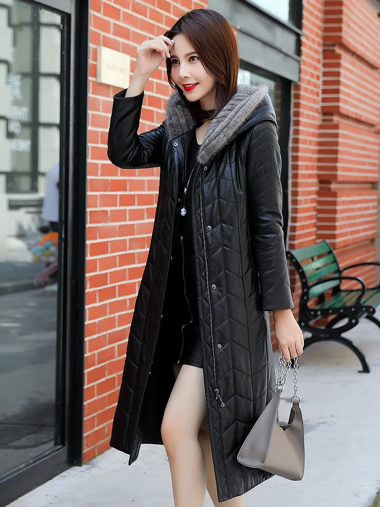 

Leather Jacket Mink Fur Collar Hooded Long Down Jacket Winter Jacket Women Genuine Sheepskin Coat 4xl Chaqueta Mujer MY