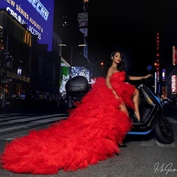 Red Sexy Strapless Lush Birdal Dress Tulle Robes Women Maternity Tulle Prom Gowns For Photo Shoot Dress With Long Train