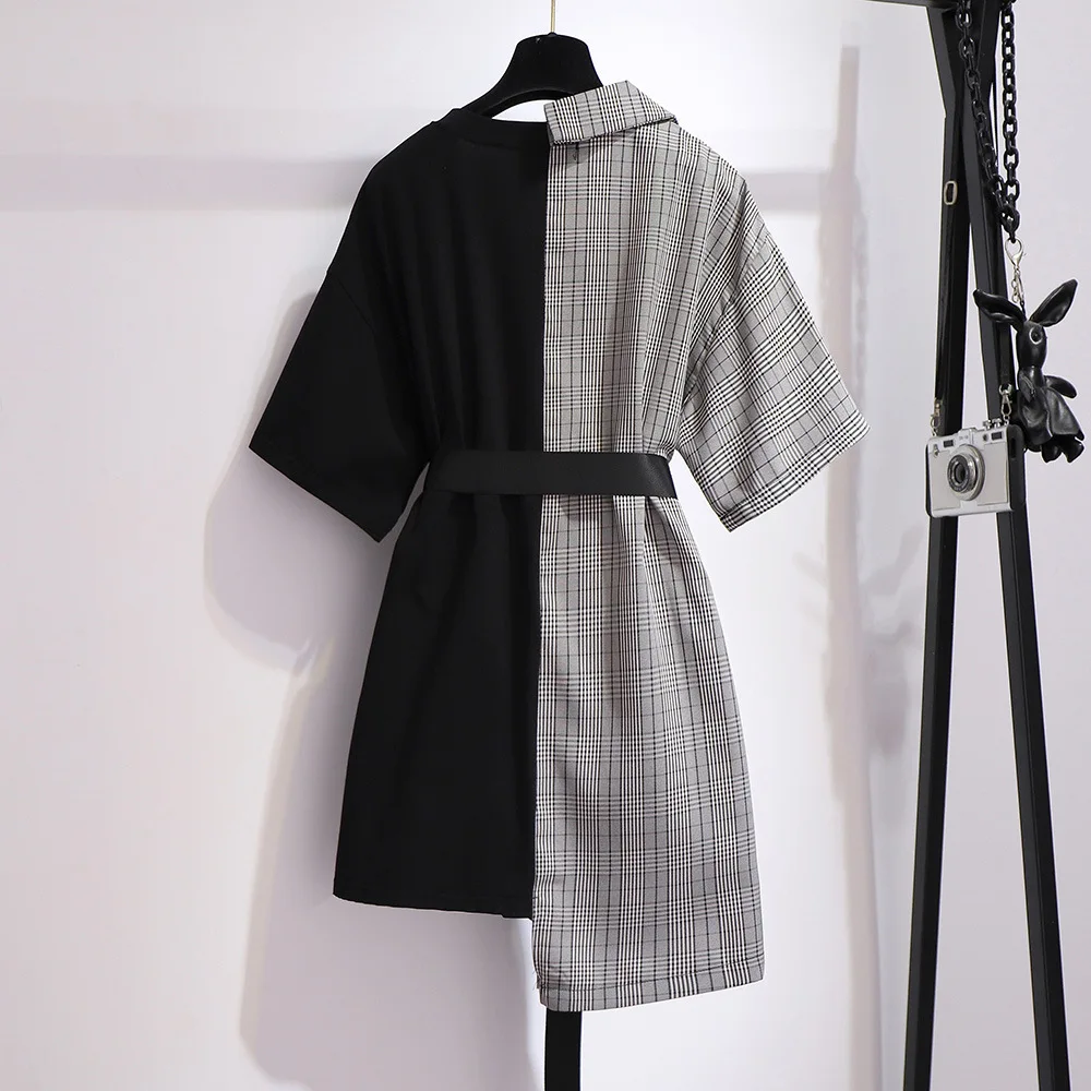 Minivestido de talla grande para mujer, vestido holgado de manga corta, informal, a cuadros, dos piezas, 3XL, 4XL, 5XL, 6XL, 7XL, novedad de verano